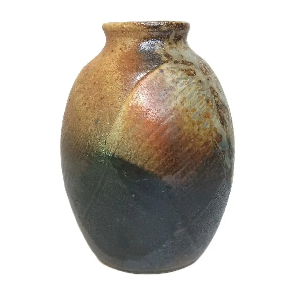 Studio Art Pottery Vase Stoneware Glazed Bud Vase Grey Brown Rust  4” X 2.5